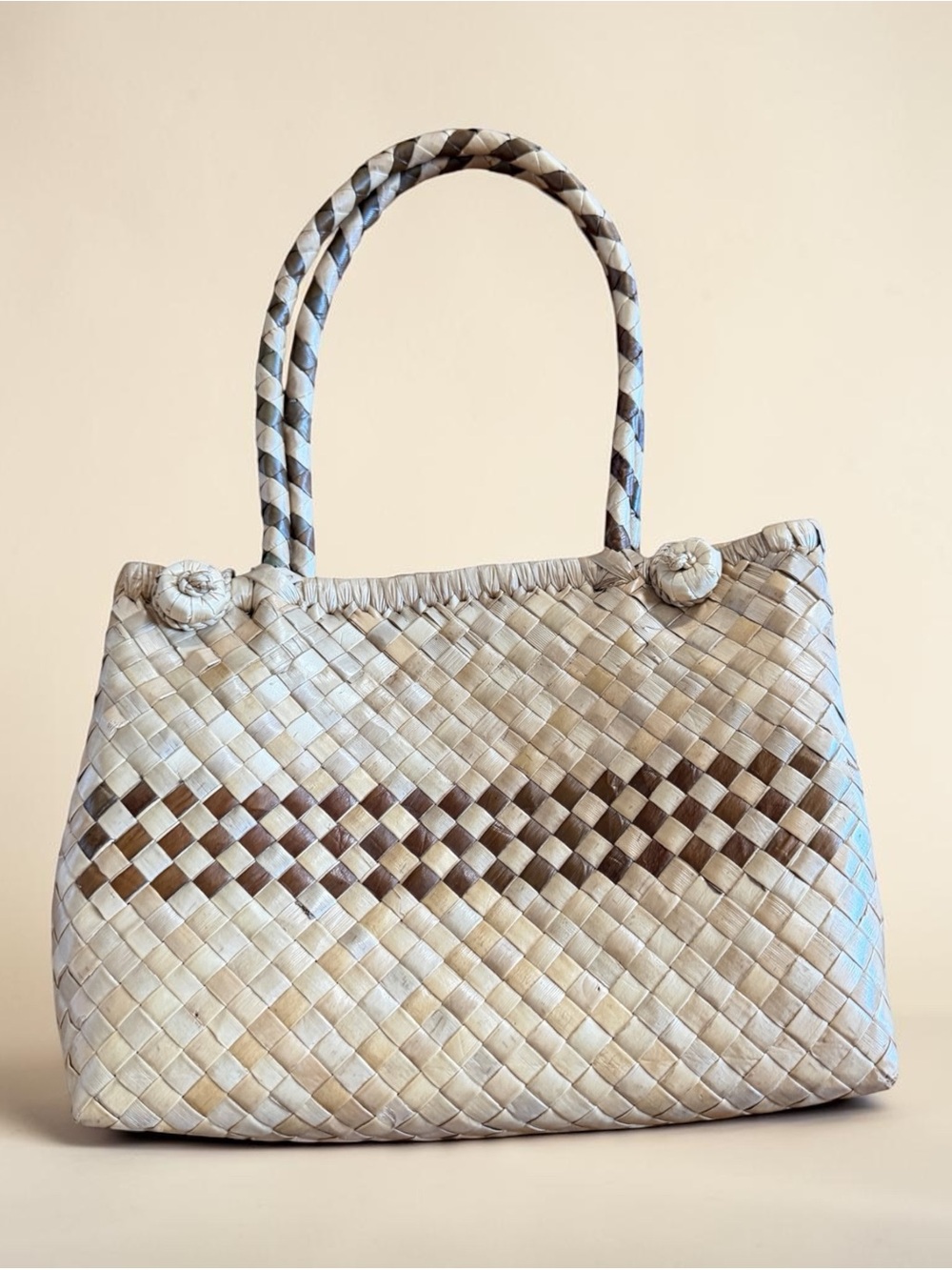 Vintage Handwoven Straw Tote Bag Two-Tone Diamond Weave
